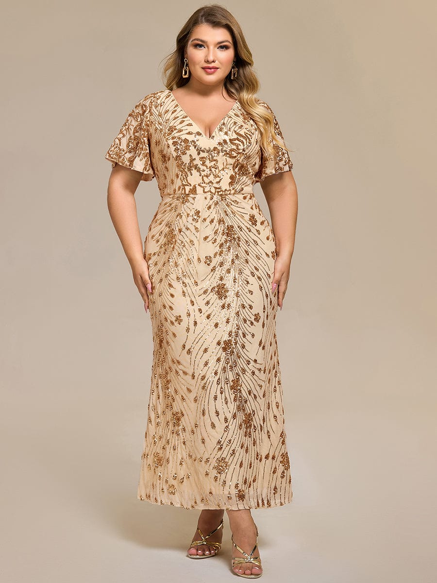 Floral Sequin Ruffled Sleeve Mermaid Formal Dresses #color_Gold