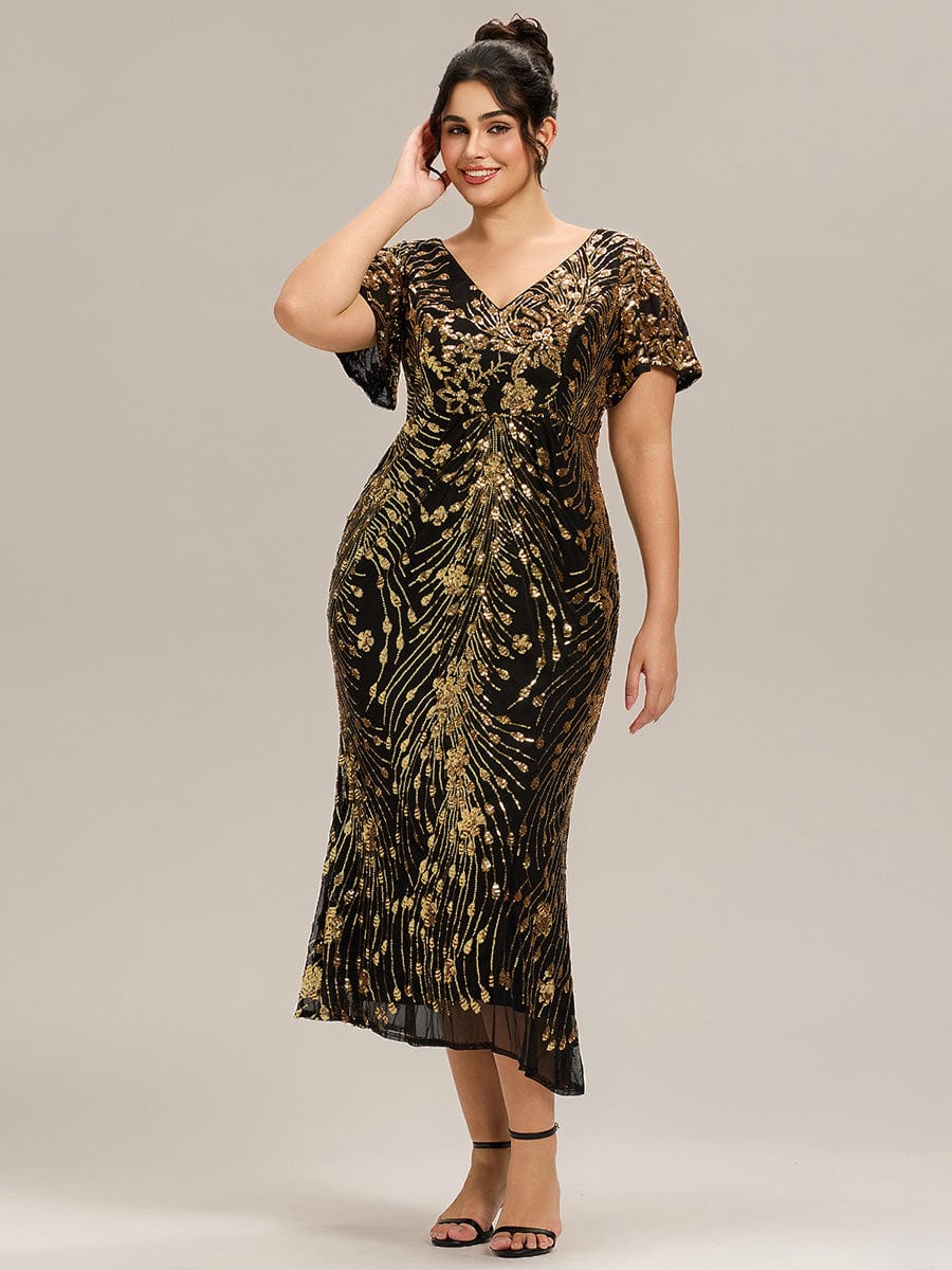 Floral Sequin Ruffled Sleeve Mermaid Formal Dresses #color_Black & Gold
