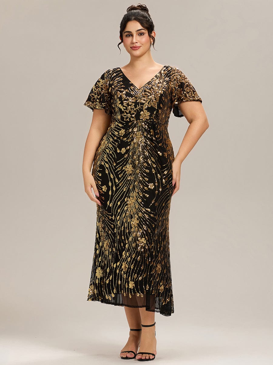 Floral Sequin Ruffled Sleeve Mermaid Formal Dresses #color_Black & Gold