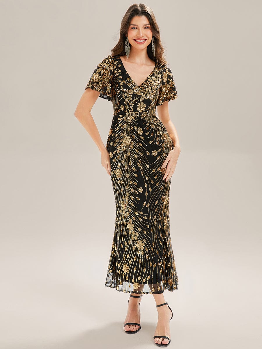 Floral Sequin Ruffled Sleeve Mermaid Formal Dresses #color_Black & Gold