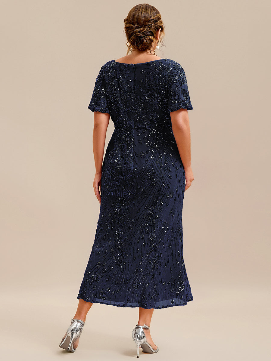 Floral Sequin Ruffled Sleeve Mermaid Formal Dresses #color_Navy Blue