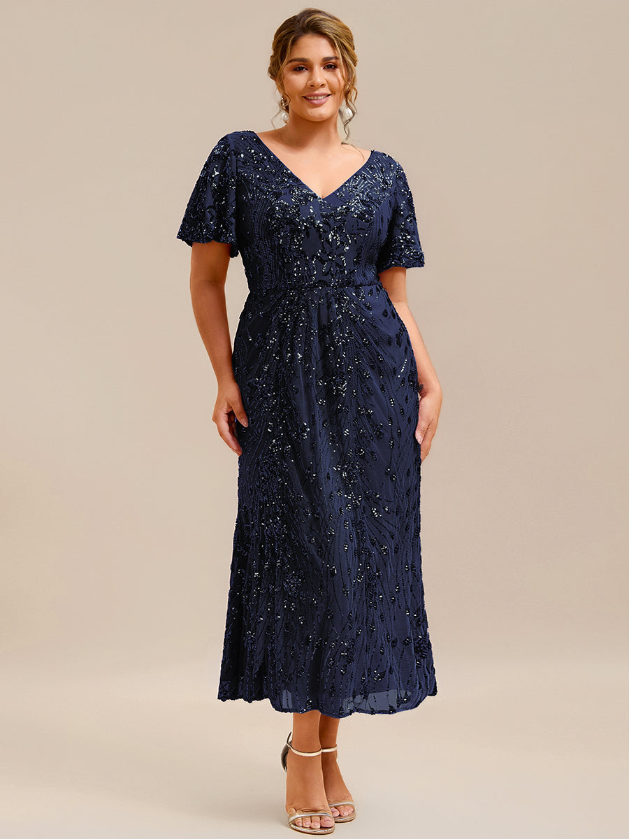 Floral Sequin Ruffled Sleeve Mermaid Formal Dresses #color_Navy Blue