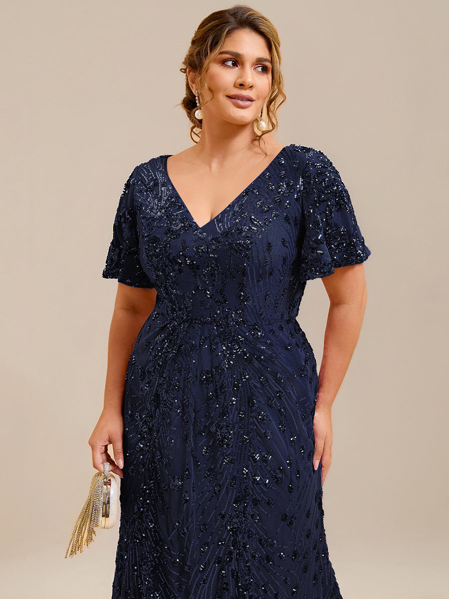 Floral Sequin Ruffled Sleeve Mermaid Formal Dresses #color_Navy Blue