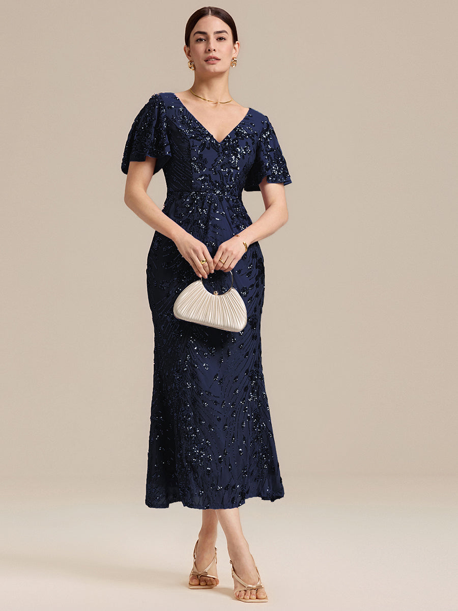 Floral Sequin Ruffled Sleeve Mermaid Formal Dresses #color_Navy Blue