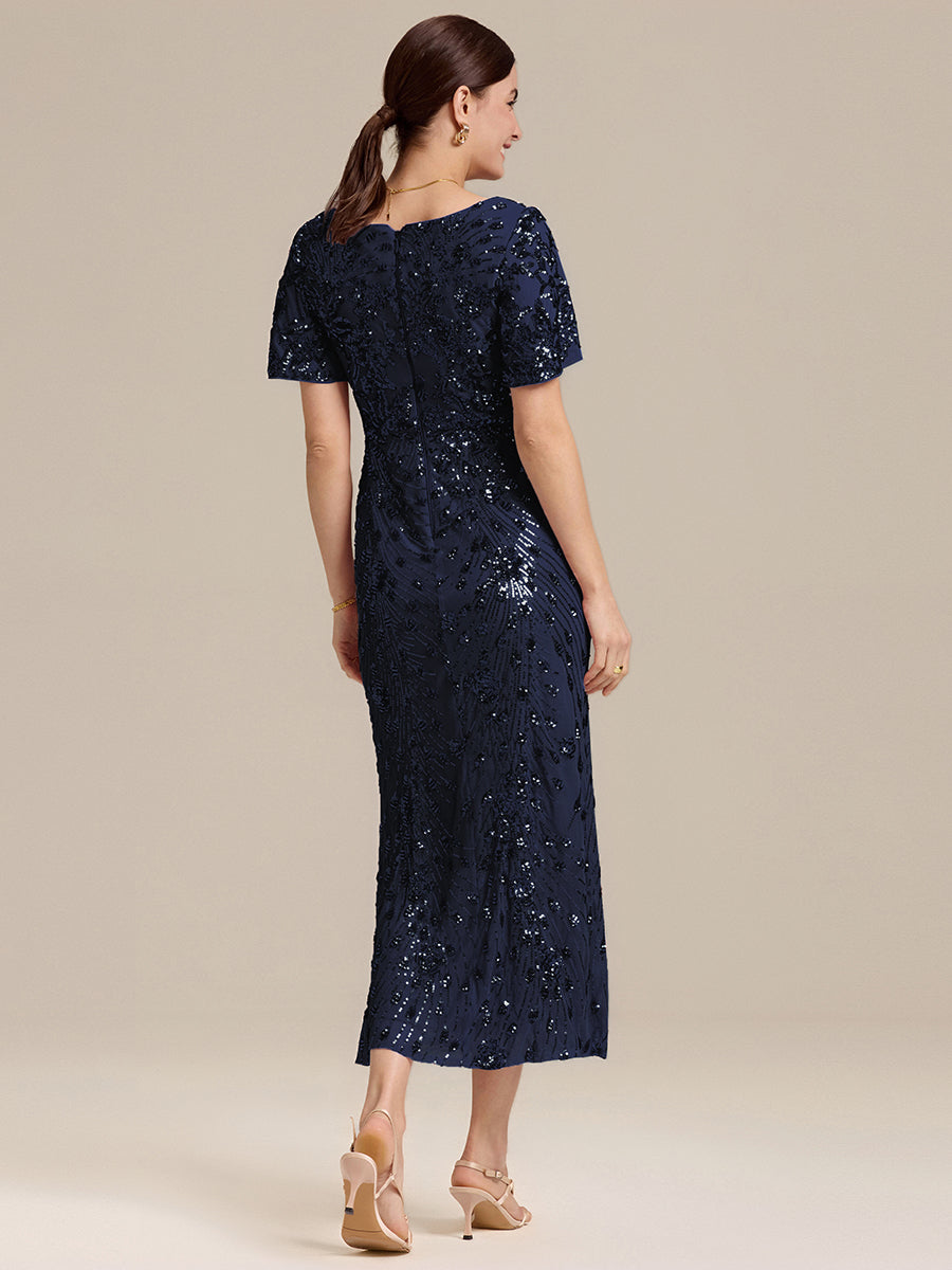 Floral Sequin Ruffled Sleeve Mermaid Formal Dresses #color_Navy Blue