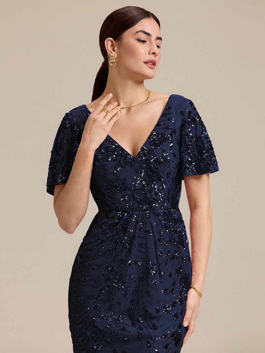 Floral Sequin Ruffled Sleeve Mermaid Formal Dresses #color_Navy Blue