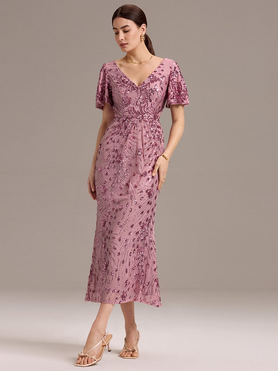 Floral Sequin Ruffled Sleeve Mermaid Formal Dresses #color_Purple Orchid