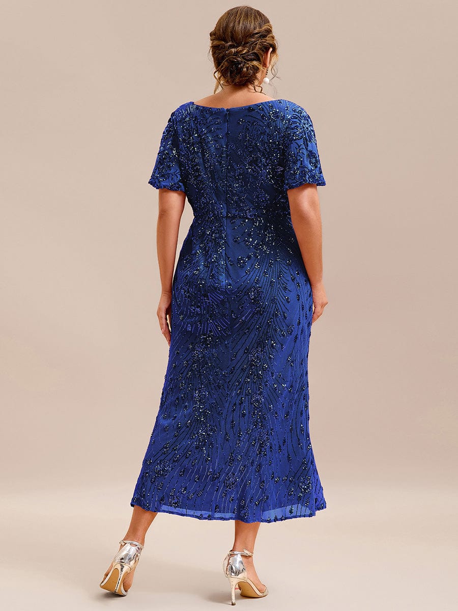 Floral Sequin Ruffled Sleeve Mermaid Formal Dresses #color_Sapphire Blue