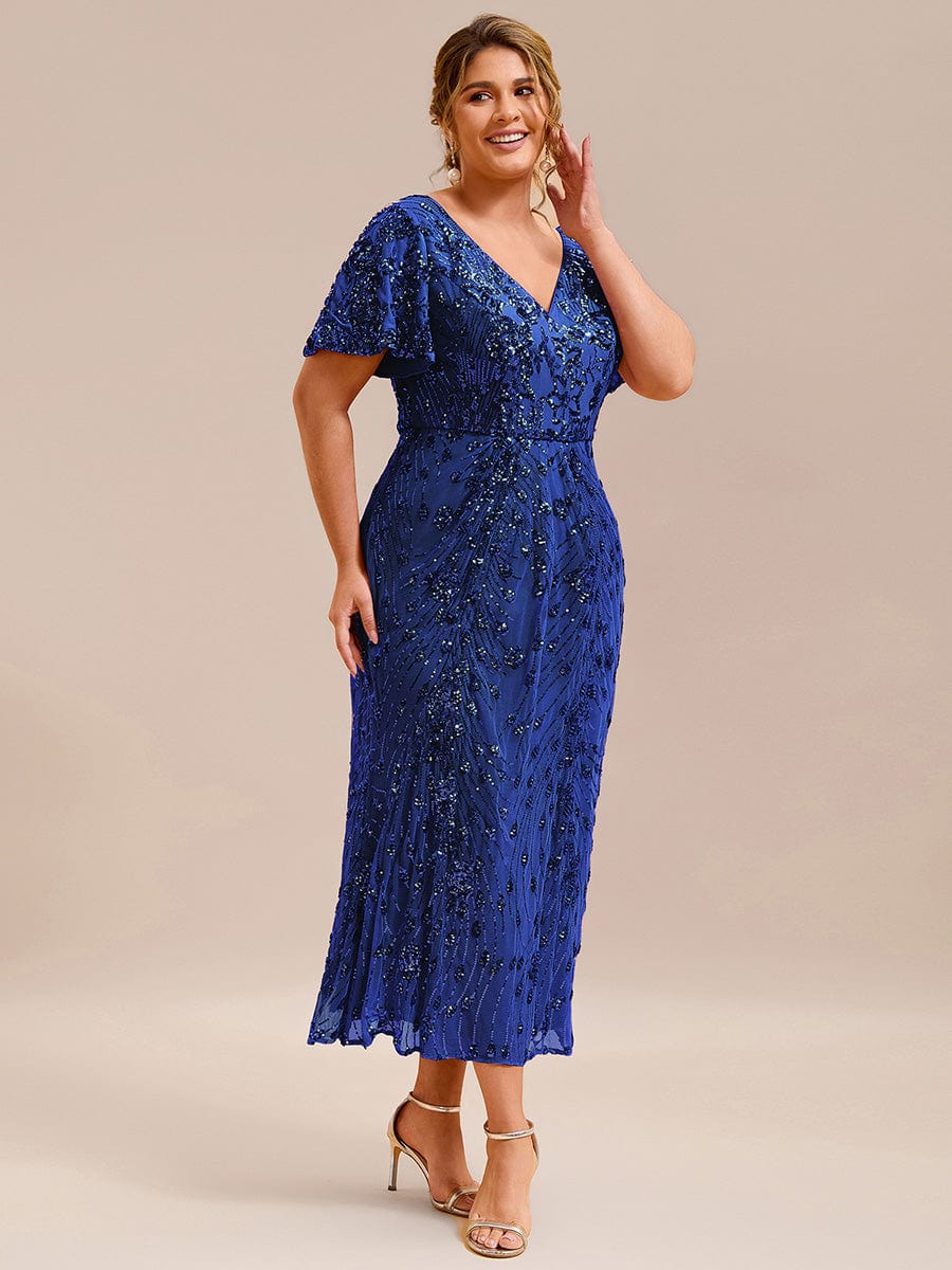 Floral Sequin Ruffled Sleeve Mermaid Formal Dresses #color_Sapphire Blue
