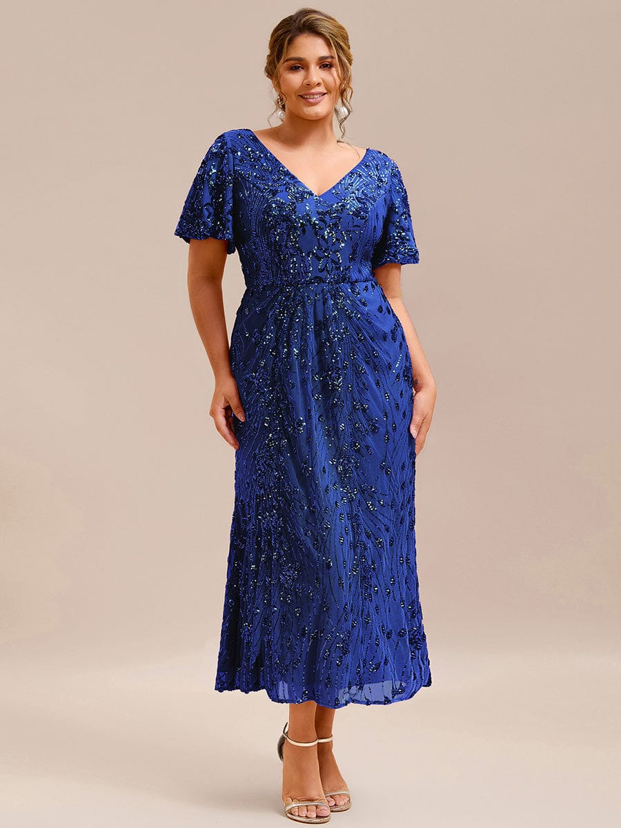 Floral Sequin Ruffled Sleeve Mermaid Formal Dresses #color_Sapphire Blue