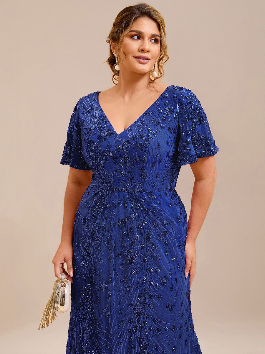Floral Sequin Ruffled Sleeve Mermaid Formal Dresses #color_Sapphire Blue