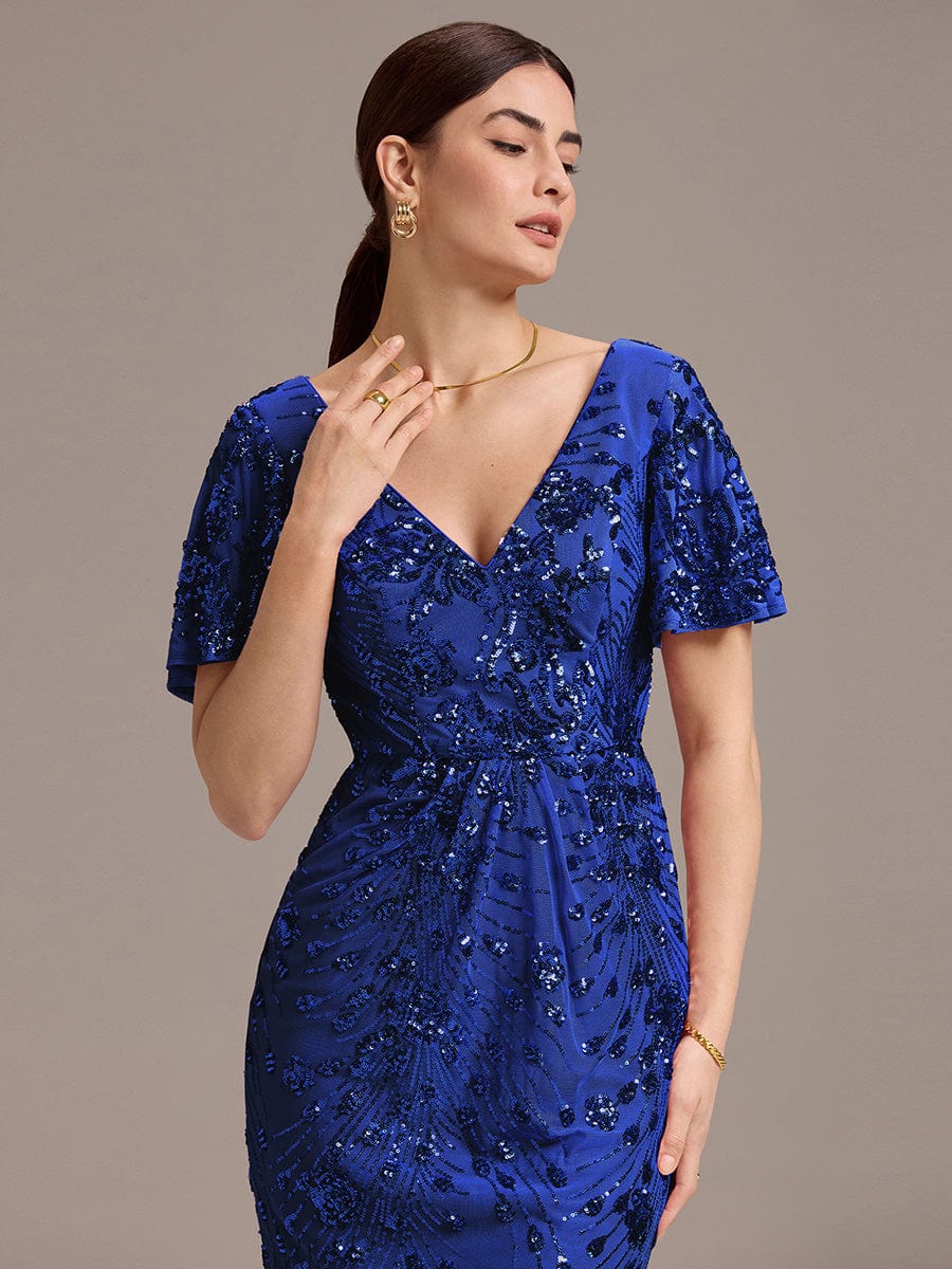 Floral Sequin Ruffled Sleeve Mermaid Formal Dresses #color_Sapphire Blue