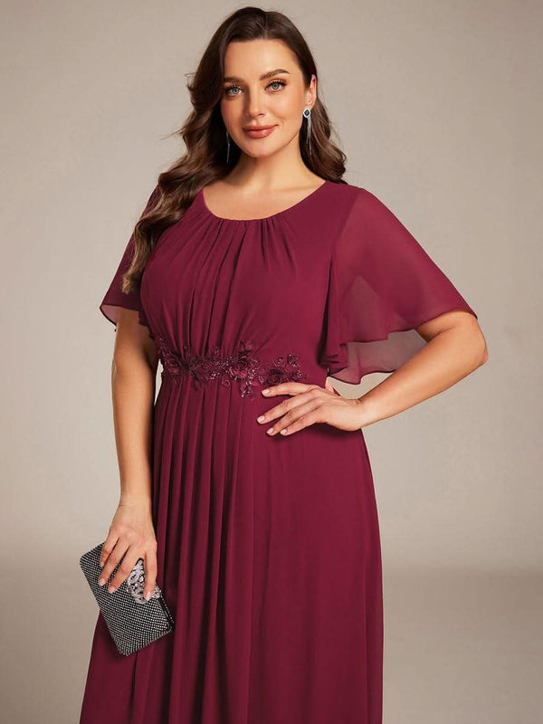 Plus Size Pleated Waist Applique Chiffon Maxi Formal Dress #color_Dusty Blue pretty ASPYN|Plus Size Pleated Waist Applique Chiffon Maxi Formal Dress