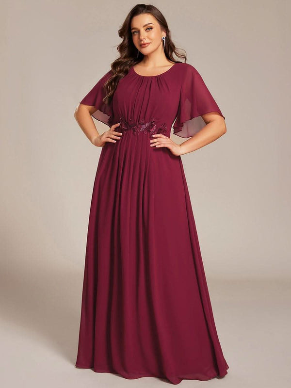 Plus Size Pleated Waist Applique Chiffon Maxi Formal Dress #color_Dusty Blue pretty ASPYN|Plus Size Pleated Waist Applique Chiffon Maxi Formal Dress