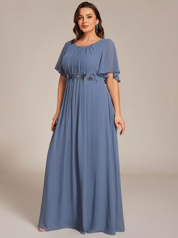 Plus Size Pleated Waist Applique Chiffon Maxi Formal Dress #color_Dusty Blue pretty ASPYN|Plus Size Pleated Waist Applique Chiffon Maxi Formal Dress