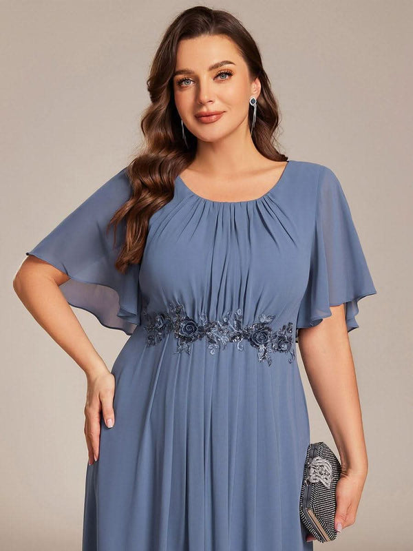 Plus Size Pleated Waist Applique Chiffon Maxi Formal Dress #color_Dusty Blue pretty ASPYN|Plus Size Pleated Waist Applique Chiffon Maxi Formal Dress