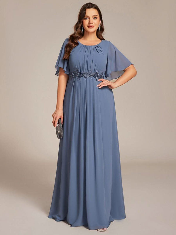 Plus Size Pleated Waist Applique Chiffon Maxi Formal Dress #color_Dusty Blue pretty ASPYN|Plus Size Pleated Waist Applique Chiffon Maxi Formal Dress