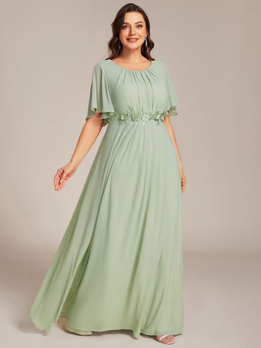 Short Sleeve Pleated Applique A-Line Floor-Length Formal Evening Dress #color_Mint Green