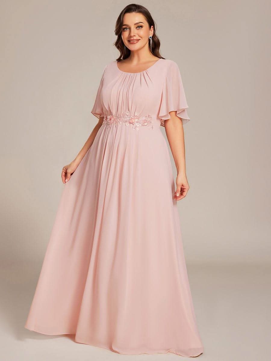 Plus Size Pleated Waist Applique Chiffon Maxi Formal Dress #color_Pink