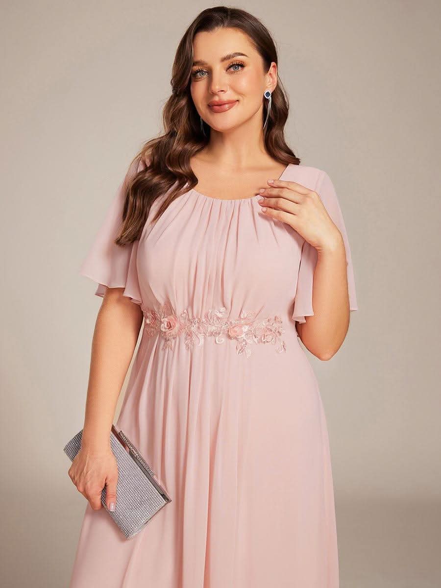 Plus Size Pleated Waist Applique Chiffon Maxi Formal Dress #color_Pink