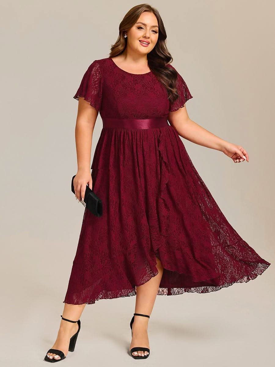 Short Sleeve Ruffled Empire Waist Lace Midi Formal Dress #color_Burgundy