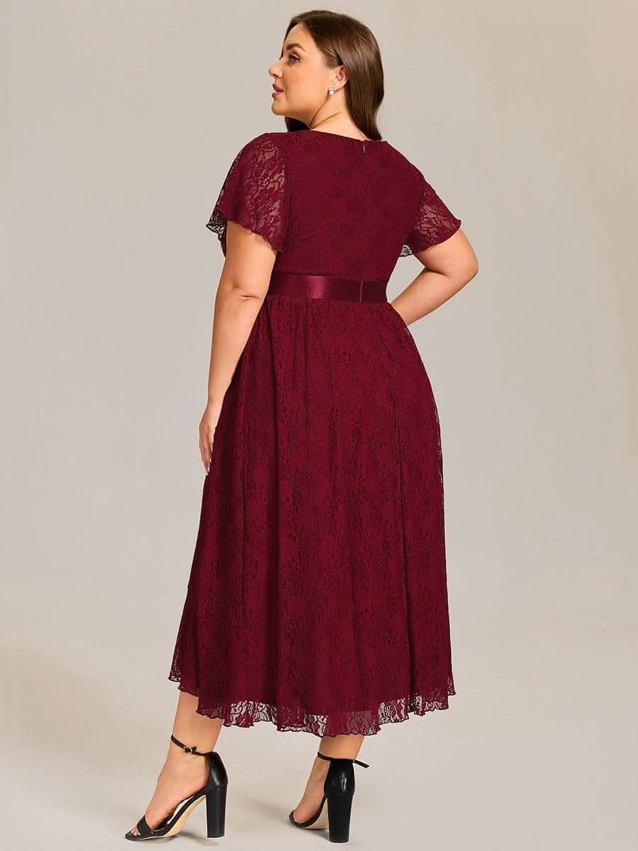 Short Sleeve Ruffled Empire Waist Lace Midi Formal Dress #color_Burgundy
