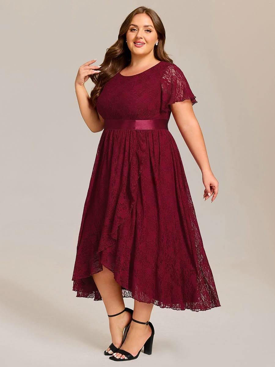 Short Sleeve Ruffled Empire Waist Lace Midi Formal Dress #color_Burgundy
