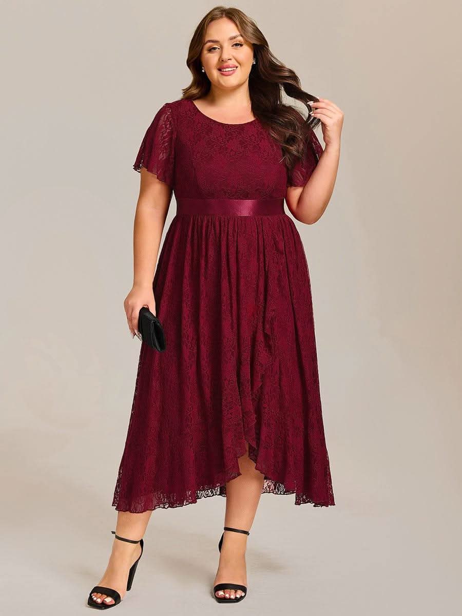 Short Sleeve Ruffled Empire Waist Lace Midi Formal Dress #color_Burgundy