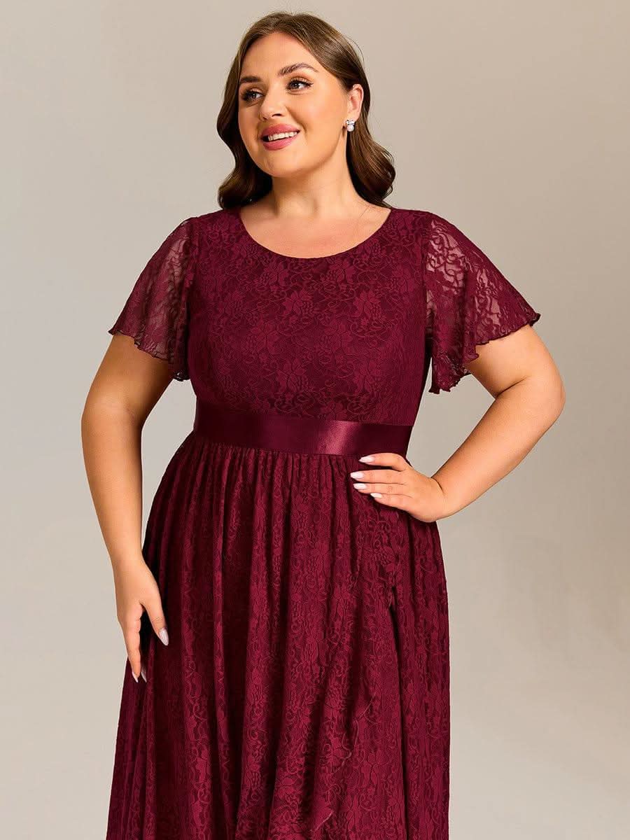Short Sleeve Ruffled Empire Waist Lace Midi Formal Dress #color_Burgundy