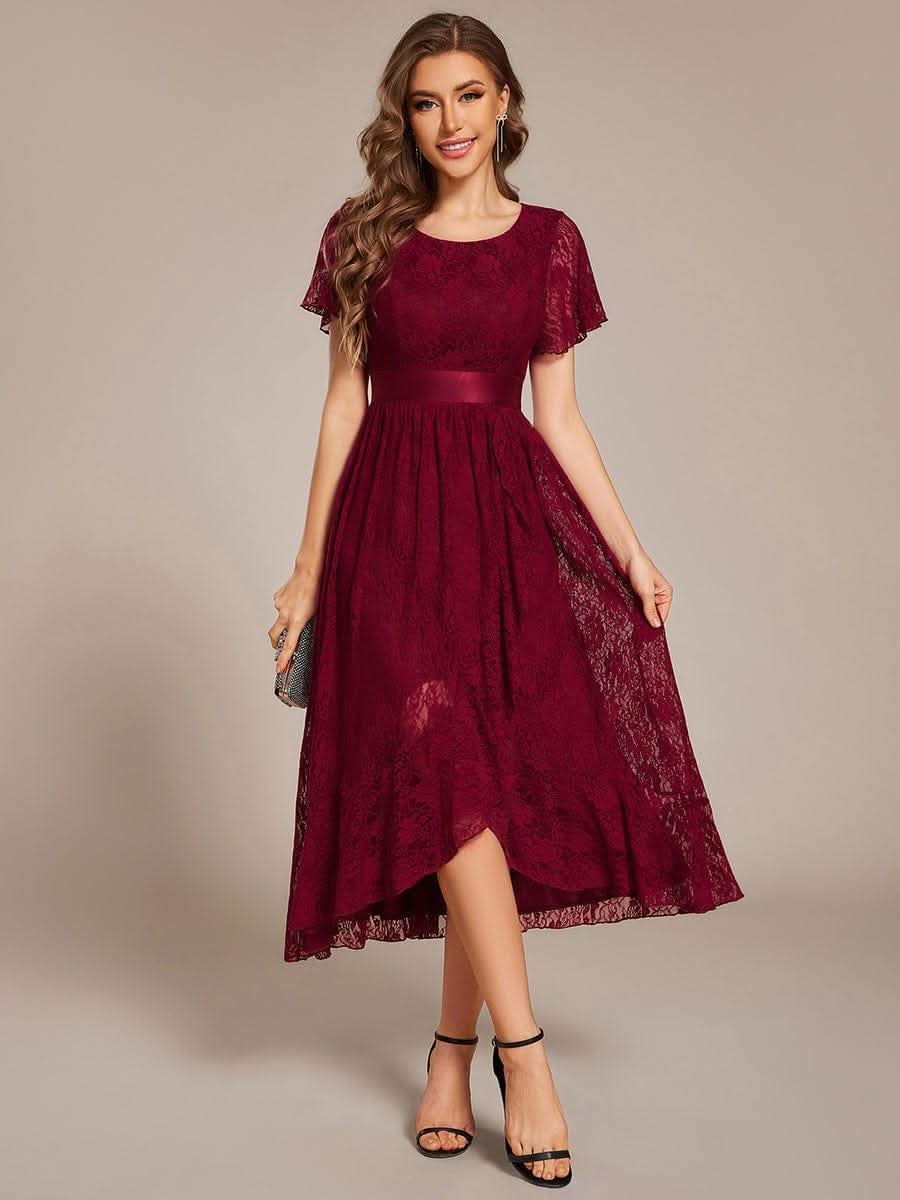 Short Sleeve Ruffled Empire Waist Lace Midi Formal Dress #color_Burgundy