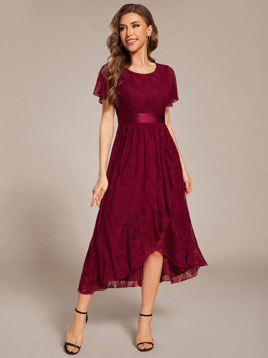 Short Sleeve Ruffled Empire Waist Lace Midi Formal Dress #color_Burgundy