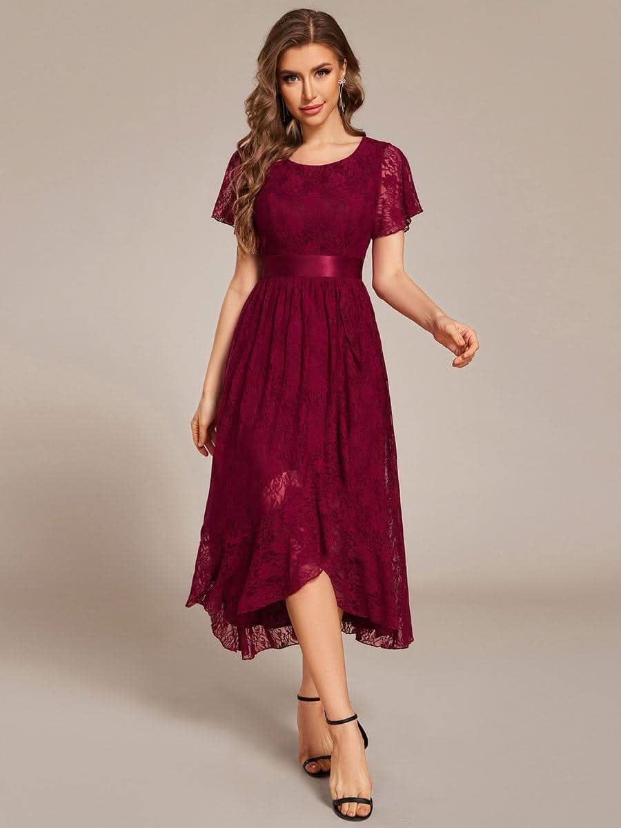 Short Sleeve Ruffled Empire Waist Lace Midi Formal Dress #color_Burgundy