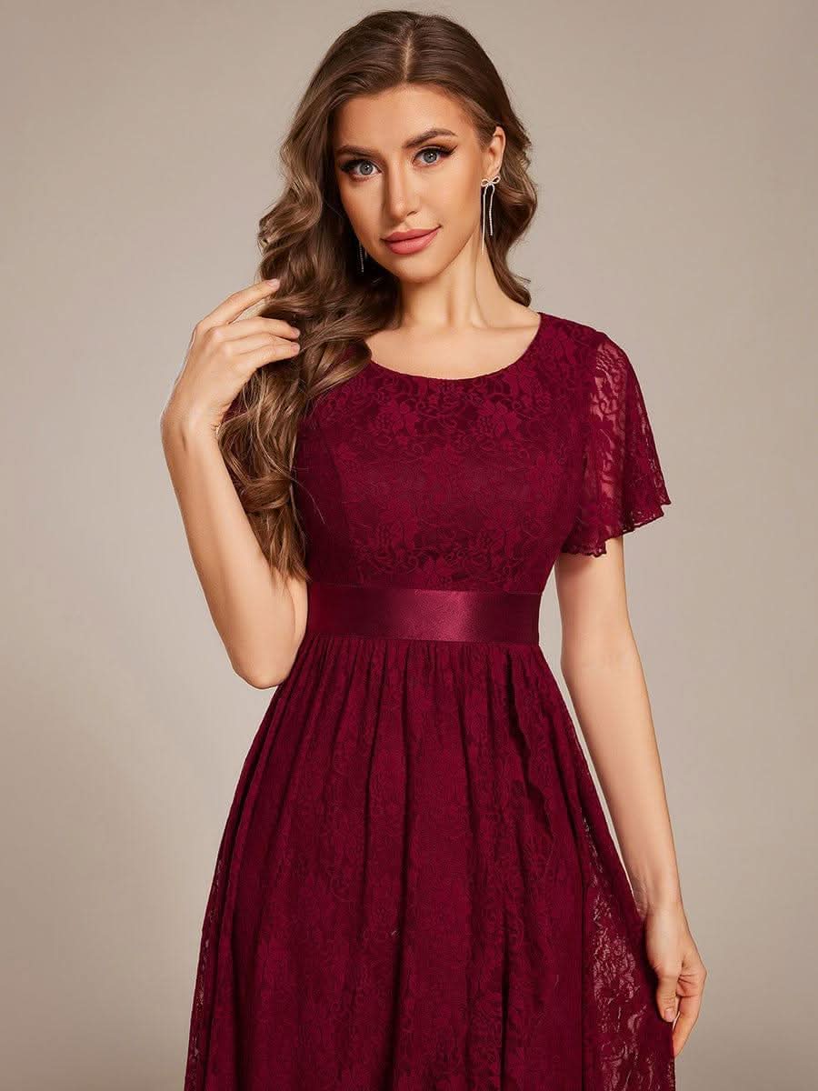 Short Sleeve Ruffled Empire Waist Lace Midi Formal Dress #color_Burgundy