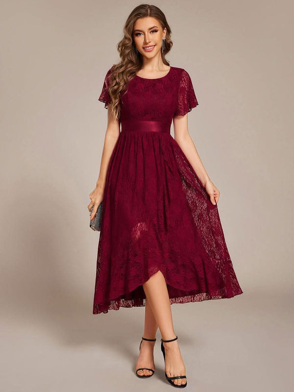 Short Sleeve Ruffled Empire Waist Lace Midi Formal Dress #color_Burgundy ever SEVYN|Short Sleeve Ruffled Empire Waist Lace Midi Formal Dress