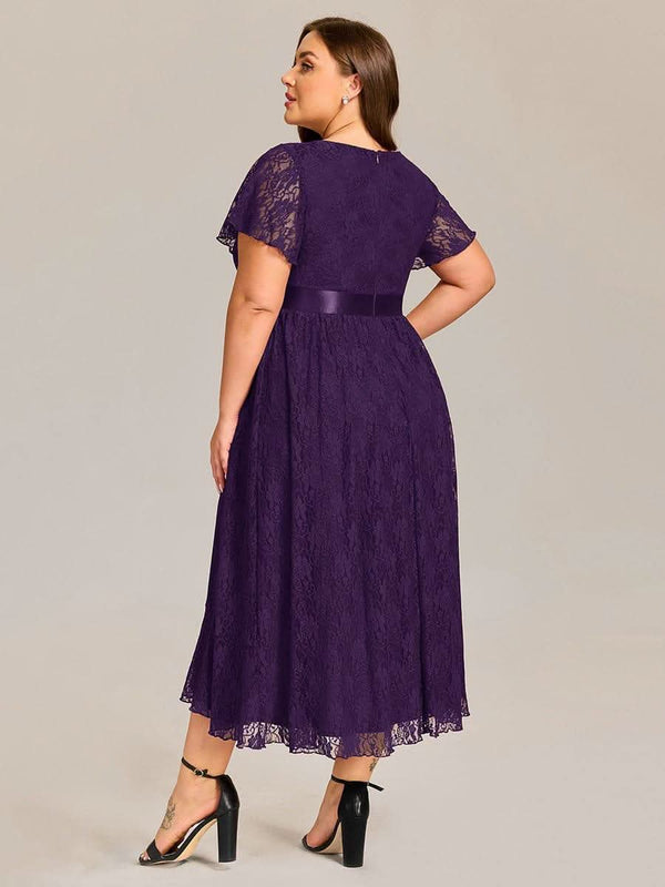 Plus Size Lace Short Sleeve Round Neckline Midi Formal Dress #color_Dark Purple pretty SEVYN|Plus Size Lace Short Sleeve Round Neckline Midi Formal Dress