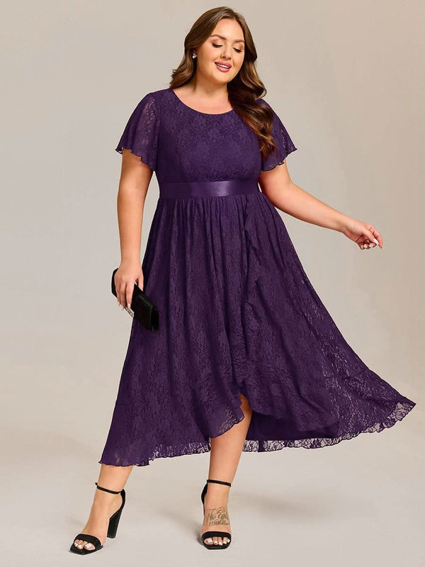 Plus Size Lace Short Sleeve Round Neckline Midi Formal Dress #color_Dark Purple pretty SEVYN|Plus Size Lace Short Sleeve Round Neckline Midi Formal Dress