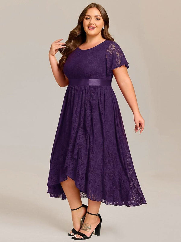 Plus Size Lace Short Sleeve Round Neckline Midi Formal Dress #color_Dark Purple pretty SEVYN|Plus Size Lace Short Sleeve Round Neckline Midi Formal Dress