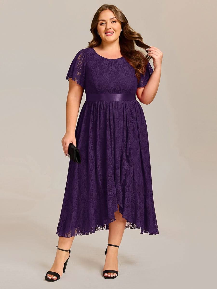 Plus Size Lace Short Sleeve Round Neckline Midi Formal Dress #color_Dark Purple
