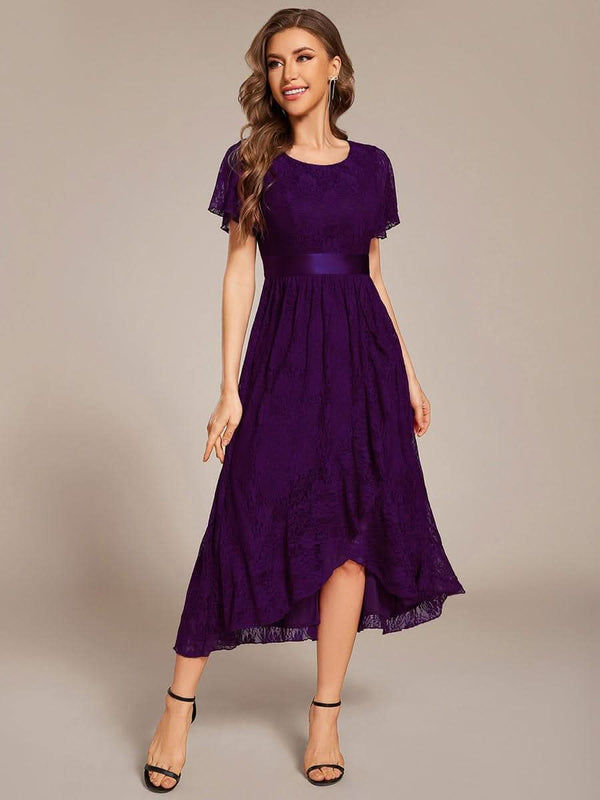 Short Sleeve Ruffled Empire Waist Lace Midi Formal Dress #color_Burgundy ever SEVYN|Short Sleeve Ruffled Empire Waist Lace Midi Formal Dress