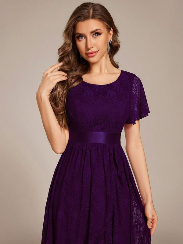 Short Sleeve Ruffled Empire Waist Lace Midi Formal Dress #color_Burgundy ever SEVYN|Short Sleeve Ruffled Empire Waist Lace Midi Formal Dress