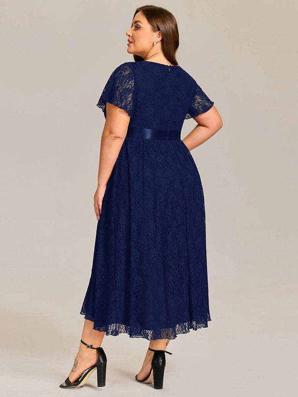 Plus Size Lace Short Sleeve Round Neckline Midi Formal Dress #color_Dark Purple pretty SEVYN|Plus Size Lace Short Sleeve Round Neckline Midi Formal Dress