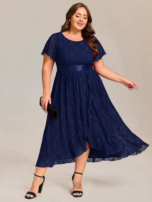 Plus Size Lace Short Sleeve Round Neckline Midi Formal Dress #color_Dark Purple pretty SEVYN|Plus Size Lace Short Sleeve Round Neckline Midi Formal Dress