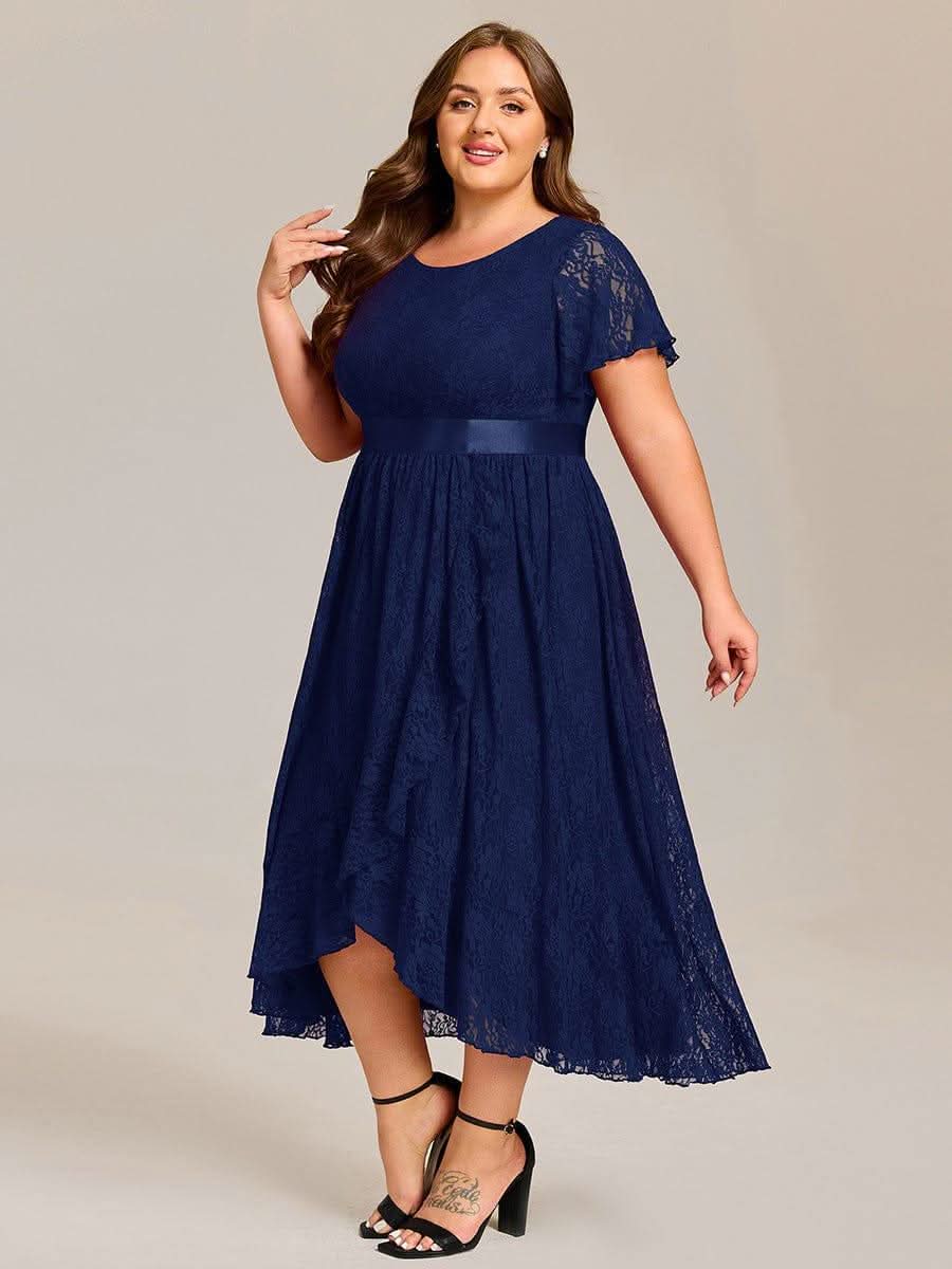 Short Sleeve Ruffled Empire Waist Lace Midi Formal Dress #color_Navy Blue