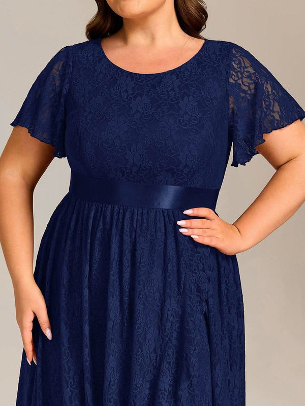 Plus Size Lace Short Sleeve Round Neckline Midi Formal Dress #color_Dark Purple pretty SEVYN|Plus Size Lace Short Sleeve Round Neckline Midi Formal Dress
