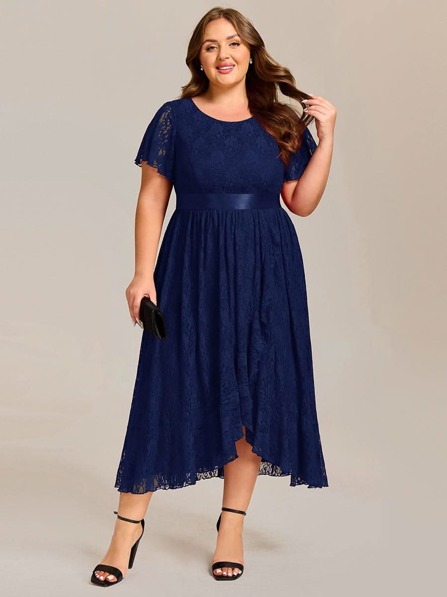 Plus Size Lace Short Sleeve Round Neckline Midi Formal Dress #color_Navy Blue