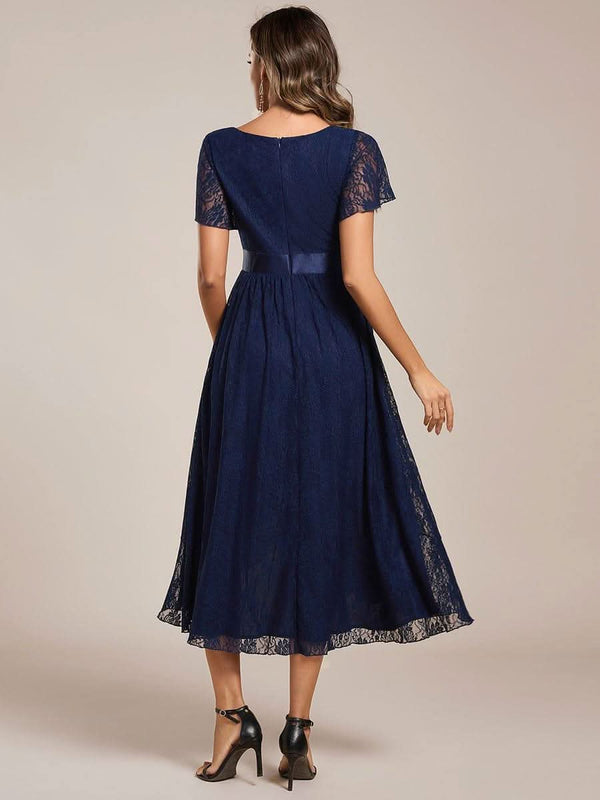 Short Sleeve Ruffled Empire Waist Lace Midi Formal Dress #color_Burgundy ever SEVYN|Short Sleeve Ruffled Empire Waist Lace Midi Formal Dress