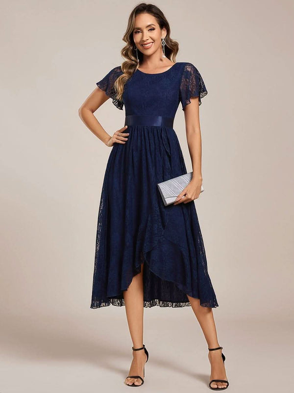 Short Sleeve Ruffled Empire Waist Lace Midi Formal Dress #color_Burgundy ever SEVYN|Short Sleeve Ruffled Empire Waist Lace Midi Formal Dress