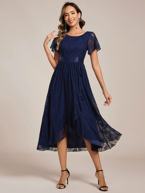 Short Sleeve Ruffled Empire Waist Lace Midi Formal Dress #color_Burgundy ever SEVYN|Short Sleeve Ruffled Empire Waist Lace Midi Formal Dress