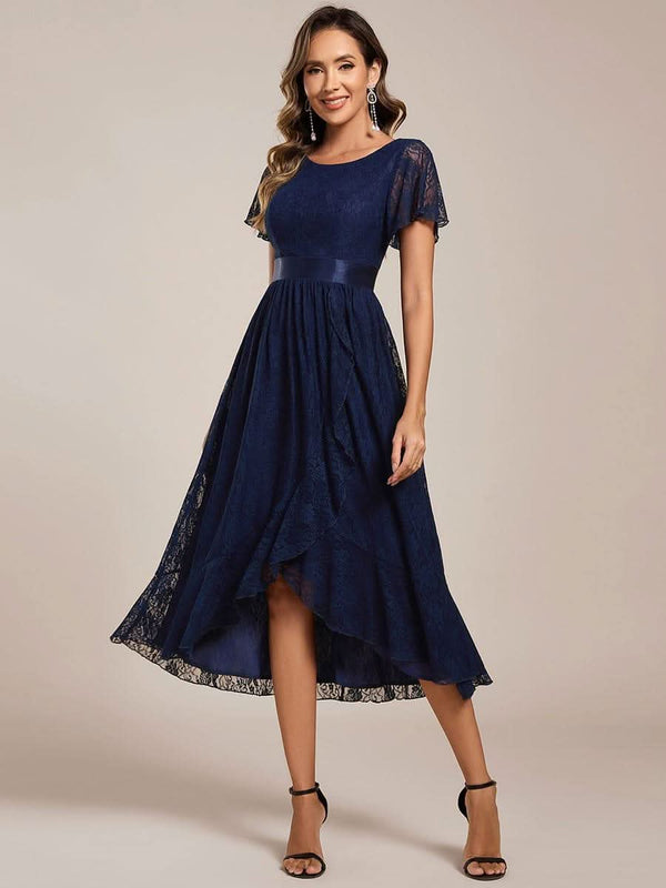Short Sleeve Ruffled Empire Waist Lace Midi Formal Dress #color_Burgundy ever SEVYN|Short Sleeve Ruffled Empire Waist Lace Midi Formal Dress