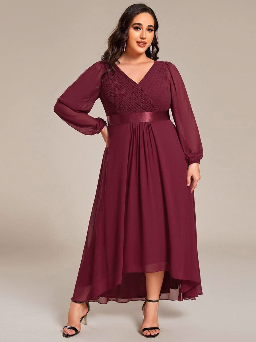 Plus Size A-Line Long Sleeve Chiffon Pleated Formal Dress #color_Burgundy